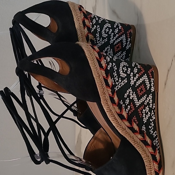 Cabi Isla Leather Suede Navy Blue Wedge Heels Espadrilles Sandals Wmns 7.5 Boho - Picture 9 of 14